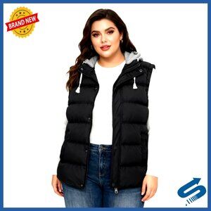 Plus Size Puffer Vest with Removable Hood, Quilted Winter Vest, Sleeveless
